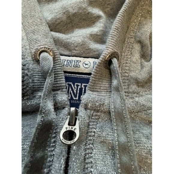 VTG"PINK" Victorias Secret Grey Metallic Sequin Heart Full Zip Hoodie Medium Y2K - Picture 9 of 16